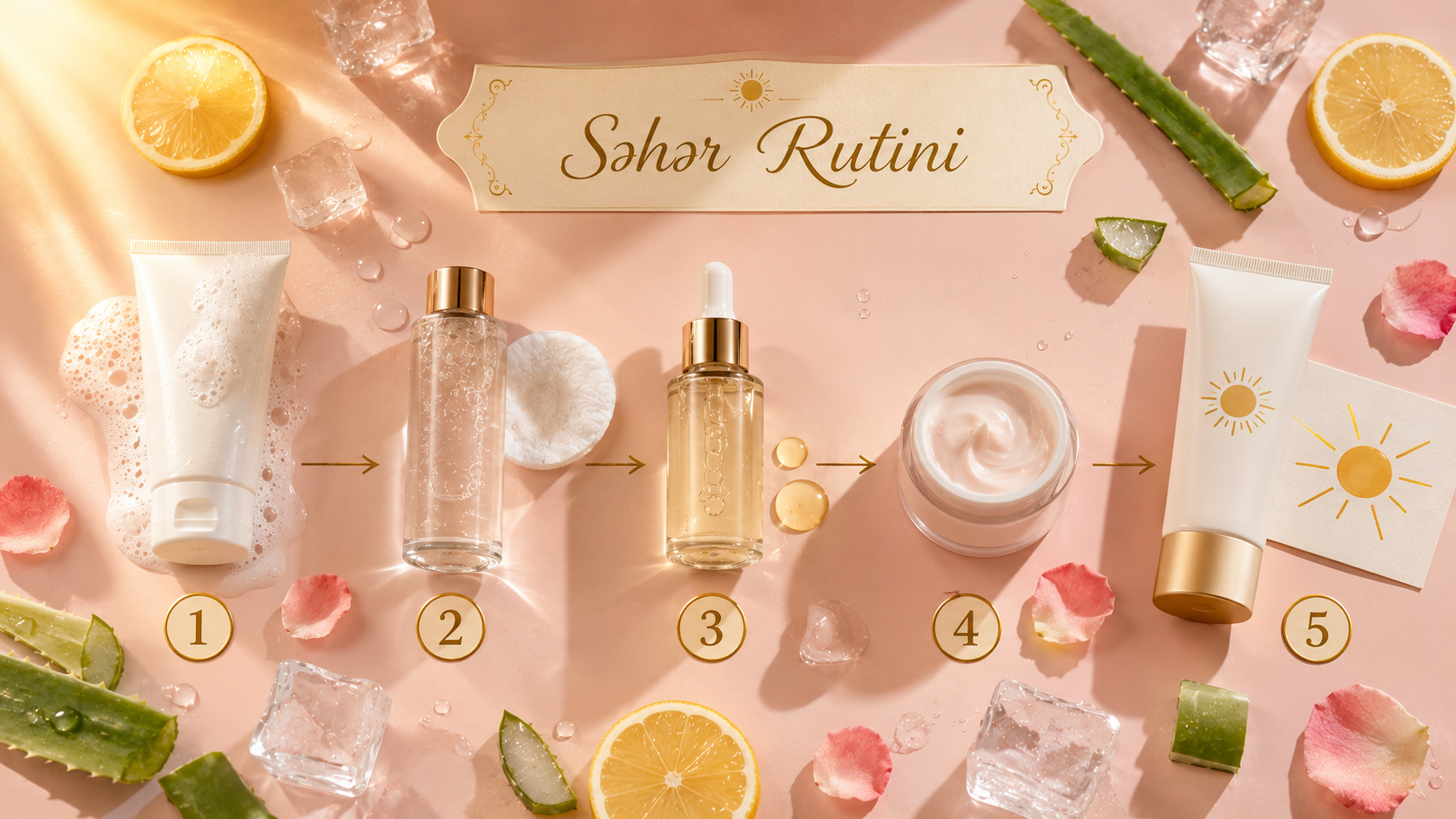 Yay deri baxim rutini 5 addim — temizleme tonik serum nemlendirici SPF niasinamid cica